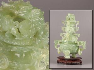 中国古玩 唐物 緑砡石 翡翠 置物 遊環 香炉 時代物 極上品 初だし品 C5676