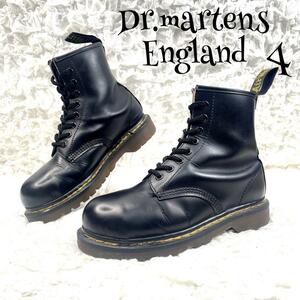 1円〜 s33希少【美品】 Dr martens England【ドクターマーチン】イングランド スチールトゥ 8ホール レザー 黒 イエロー UK4 ミリタリー