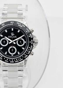 【即決4999円】RELAX リラックス 王冠ロゴ D8 腕時計 クロノ 爆発的な人気のあるモデルの一つ御時計 黒文字盤 所ジョージ