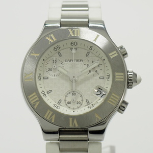 【中古】Cartier マスト21 クロノスカフ デイト ボーイズ 腕時計 クォーツ SS ラバー オフホワイト文字盤 W10197U2