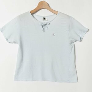 メール便○ Courreges クレージュ ボーダー半袖Tシャツ M ワッフル生地 レディース 白 水色 春夏 38サイズ リボン シンプル フェミニン