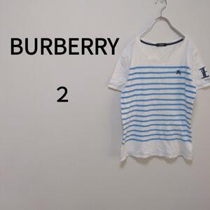 【BURBERRY】バーバリー（2）ボーダーTシャツ＊胸ロゴ刺繍＊マリン＊袖ロゴ