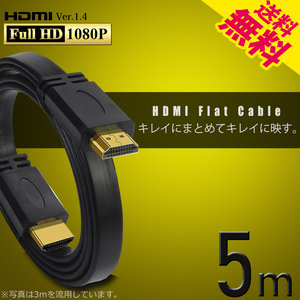 HDMIケーブル フラット 5m 500cm 薄型 平型 Ver1.4 FullHD 3D フルハイビジョン ネコポス 送料無料