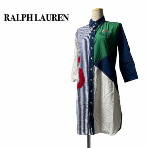 RALPH LAUREN ラルフローレン シャツワンピース 長袖 ストライプ 刺繍ロゴ ネイビーホワイト 11 L