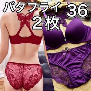 ブラジャー ショーツ 2枚 セット 36 バタフライ パープル 紫 レッド 赤 蝶 フロントホック 下着 レディース A75 A80 B75 C75 D70 E65