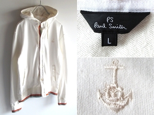 PS Paul Smith ポールスミス ラインリブ アンカー刺繍 エルボーパッチ ライトスウェット ボタン パーカー ジャケット L 白 ホワイト