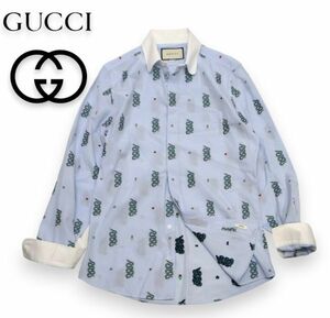 正規 GUCCI 495275 スネーク総柄 マイクロチェック 長袖クレリックシャツ グッチ 蛇柄 COTTON L/S SHIRT サックス ホワイト15 1/2:39 JZ-14