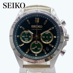 【未使用級】SEIKO　クロノグラフ　腕時計　文字盤 グリーン　レザーベルト　ホワイト　WHITE　白　革ベルト　クロコ型押し　極　美品