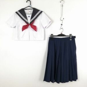 1円 セーラー服 スカート スカーフ 上下3点セット 150A トンボ 夏物 白3本線 女子 学生服 中学 高校 白 制服 中古 ランク:C EY5818