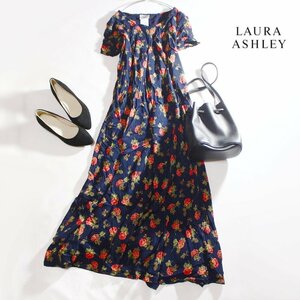 美品 ローラアシュレイ Laura Ashley 夏 綺麗め フラワー プリント ロング丈 半袖 マキシワンピース ロングワンピース ネイビー 紺 11号