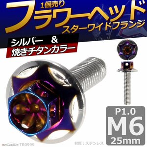 M6×25mm P1.0 フラワーヘッド スターワイドフランジ 六角ボルト ステンレス 車/バイク シルバー＆焼きチタンカラー 1個 TB0999