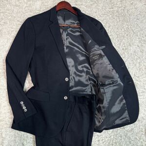 美品 EPOCA UOMO エポカウォモ ストレッチ スーツ セットアップ 50 XL 黒 ブラック ジャケット パンツ ジャージー シェルボタン ビジネス