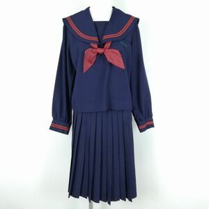 1円 セーラー服 スカート スカーフ 上下3点セット 大きいサイズ 冬物 赤2本線 女子 学生服 沖縄具志頭中学 紺 制服 中古 ランクC NA1628