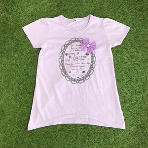 送料無料 ★新品★ 140 ラベンダー 女の子 Tシャツ カットソー フリルリボン プリントシャツ 可愛い 丈長め 半袖Tシャツ 半袖 トップス 紫