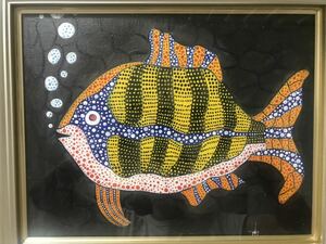 【模写】草間彌生【魚】シルクスクリーン 油彩 絵画 額付き 全体サイズ約55*47cm