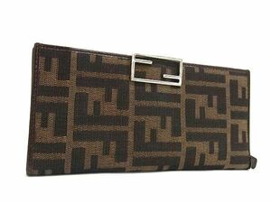 1円 ■美品■ FENDI フェンディ ズッカ柄 キャンバス×レザー 二つ折り 長財布 ウォレット ブラウン系 AW8120