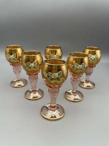 ヴェネチアガラス ムラノ イタリア ワイングラス ピンク ゴールド 金彩 花紋 ベネチアングラス 6客 おまとめ