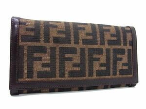 1円 ■極美品■ FENDI フェンディ ズッカ柄 ナイロンキャンバス×レザー 二つ折り 長財布 ウォレット ブラウン系×ブラック系 AW1905