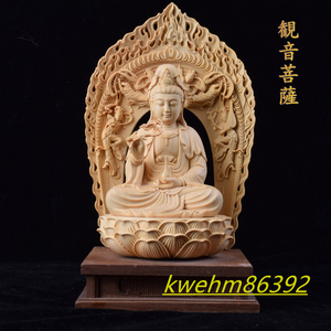 最高級 木彫仏像 観音菩薩 座像 観音像 観音菩薩像 彫刻 一刀彫 天然木檜材 仏教工芸