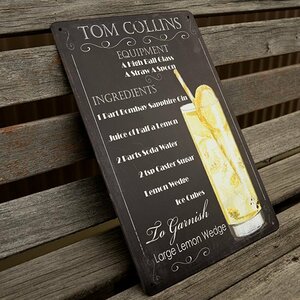 【ブリキ看板】トム・コリンズ Tom Collins カクテル BAR ガレージ レトロ風 インテリア 店舗 カフェ 壁飾り 20cm×30㎝（送料無料！）