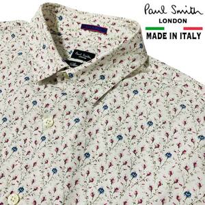 高級イタリア製【PaulSmith LONDON】圧巻の花柄 白/ホワイトベース総柄 L相当 ポールスミス ロゴ釦刻印 スリムフィット 長袖シャツ 美品◎