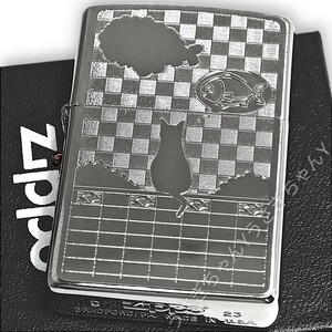 zippo☆Metal plate☆チェック☆猫 ＆ 雲☆ジッポ ライター