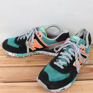 z1522【574】ニューバランス US9 26.0cm/黒 ブラック グリーン オレンジ newbalance レディース スニーカー 中古