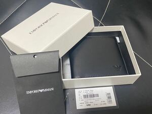 新品 未使用 EMPORIO ARMANI EA エンポリオアルマーニ 二つ折り 財布 ウォレット イーグル ロゴ型押し コンパクト ブラック レザー 本革