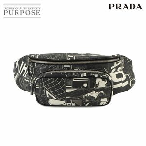 新品同様 プラダ PRADA コミックプリント ボディ バッグ レザー ブラック ホワイト 2VL006 シルバー 金具 Body Bag 90230167