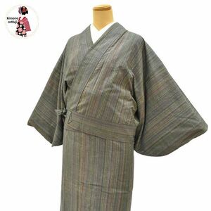 1円 二部式着物 紬 正絹 セパレート型 袷 青 グレー 緑 着物 同梱可 【kimonomtfuji】 3nfuji44061