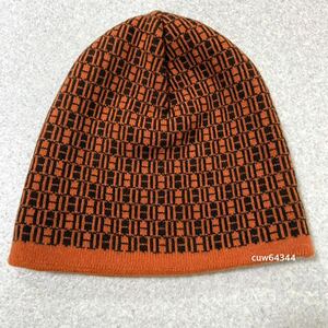 完全正規品 美品 Hermes エルメス カシミヤ100％ ニット帽 ビーニー Hロゴ 総柄 オレンジ×ダークブラウン系 LA