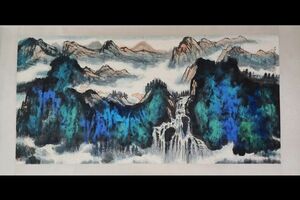 【瓏】「張大千作 溌彩山水図鏡片」近代画家 肉筆紙本 真作 掛け軸 書画立軸 巻き物 中国書画 蔵出