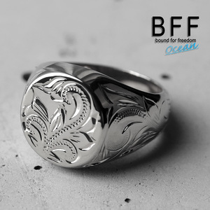 BFF ブランド プルメリア 印台リング ラージ ごつめ シルバー 18K 銀色 丸型 手彫り 彫金 専用BOX付属 (19号)