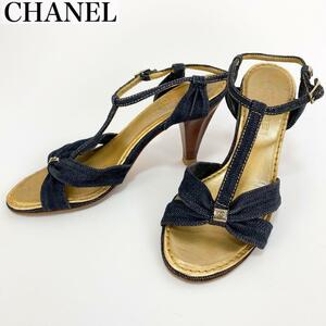 美品 デニム ● CHANEL シャネル ● ココマーク デニム Tストラップ サンダル ● 35 1/2 22.5 ~ 23 cm ネイビー ゴールド ココシャネル