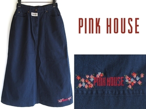 PINK HOUSE ピンクハウス 花/フラワー/ロゴ刺繍 クロスステッチ刺繍 コットンキャンバス ロングスカート M ネイビー 紺 マキシスカート