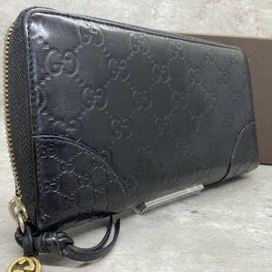 【極美品】 GUCCI グッチ メンズ ビジネス 長財布 ラウンドファスナー マイクロ シマ インターロッキング 本革 レザー ブラック 小銭入れ