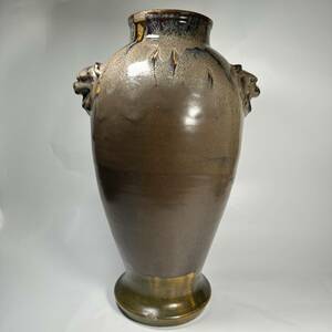 ■Y 422S ■古い　琉球　の壺　　壺屋焼　支那焼　花瓶■獅子耳　大型花瓶　鉄釉■海鼠釉
