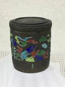 時代不詳　象嵌入　茶筒？筆筒 ？　中古品