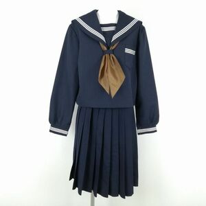 1円 セーラー服 スカート スカーフ 上下3点セット 175A 大きいサイズ 冬物 白3本線 女子 学生服 中学 高校 紺 制服 中古 ランクC NA0239