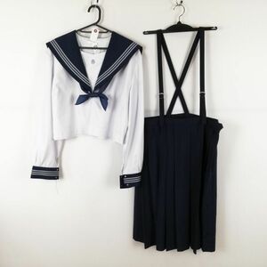 1円 セーラー服 スカート スカーフ 上下3点セット 180B 大きいサイズ 特大 中間服 グレー3本線 女子 高知岡豊高校 白 中古 ランクC NA0326