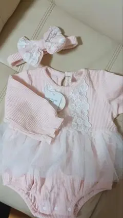 リボンヘアバンド付き♡フリルロンパースドレス　ピンク　新生児〜60(タグ66)