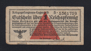【ナチス鉤十字】第二次大戦ドイツ捕虜収容所紙幣 1ライヒスペニヒ（1939-44）[2770]