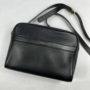 1円〜【美品】 FURLA フルラ ショルダーバッグ レザー ブラック 黒 カメラバッグ 斜め掛け◎ 男女兼用 ロゴ クロスボディバッグ レザー