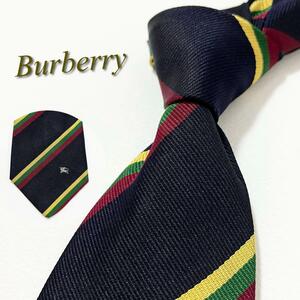 【美品】BURBERRY バーバリー ネクタイ マルチストライプ柄 剣先ホースロゴ メンズ スーツ レジメンタルストライプ 総柄 ハイブランド 高級