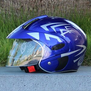 TZX648★半キャブジェットヘルメット　バイク用　子供　ヘルメット　可愛いプリント２色選択可ブルー