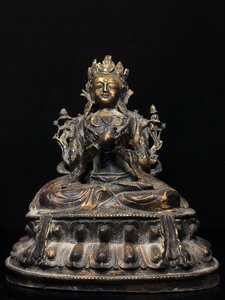 ◆古寳堂◆清 銅製 泥金 度母菩薩像 置物 賞物 極細工 古置物 古擺件 中国古美術 時代物 古董品