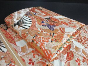 1円 良品 正絹 丸帯 和装 和服 アンティーク 大正ロマン 御所車 扇子 松 菊 鶴 波 全通柄 長さ396cm【夢職】★★★