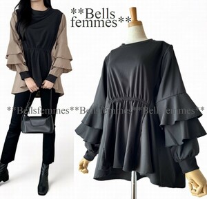 ★Belles*★送料185円★新品M～L対応★春★主役級のフリル袖*ロングテールチュニック*異素材切替*ボリューム袖*ゆったりチュニック*361黒