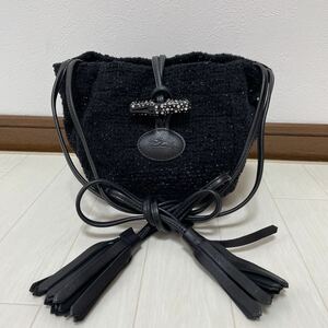 ロンシャン LONGCHAMP レザー STRASS バケットバッグ ショルダーバッグ ハンドバッグ ツイード ラメ スワロフスキー 黒 フランス製 美品