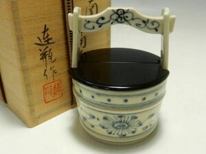 21820/○加藤連瓶 安南 手桶茶入 共箱 共布 茶器 煎茶道具 茶道具